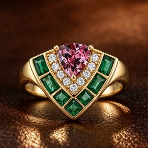 Golden Multi Cut Pink & White & Emerald Sapphire Tiered Engagement Ring