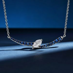Two Tone Curved Bar Marquise & Round Cut White & Blue Sapphire Pendant Necklace
