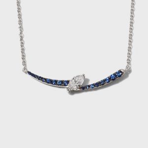 Two Tone Curved Bar Marquise & Round Cut White & Blue Sapphire Pendant Necklace