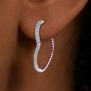 Heart Shape Round Cut White & Ruby Sapphire Hoop Earrings