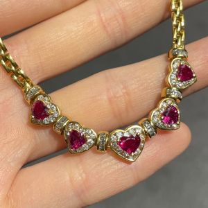 Golden Halo Heart & Round & Asscher Cut Ruby & White Sapphire Pendant Necklace