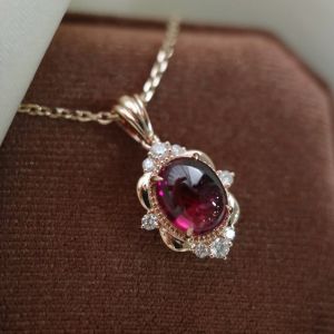 Rose Gold Oval Cabochon & Round Cut Ruby & White Sapphire Pendant Necklace