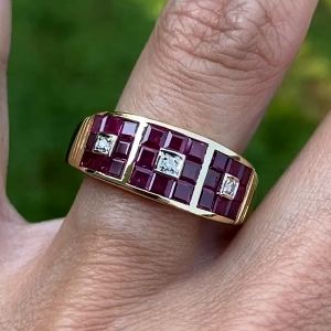 Golden Halo Round & Asscher Cut White & Ruby Sapphire Wedding Band Ring