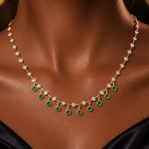 Golden Bezel Round Cut Emerald & White Sapphire Pendant Necklace