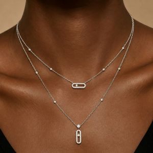 Two Row Round Cut White Sapphire Paperclip Pendant Necklace