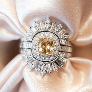 Two Tone Halo Cushion & Round & Baguette Cut Champagne & White Sapphire Engagement Ring Sets