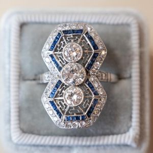 Hollow Design Round & Baguette Cut White & Blue Sapphire Engagement Ring