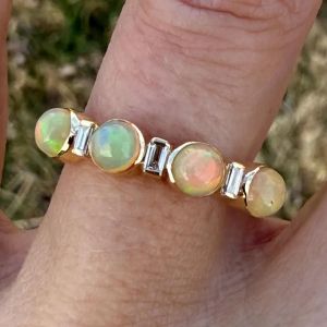 Golden Bezel Round & Baguette Cut Opal & White Sapphire Half Eternity Wedding Band