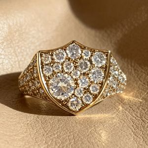 Golden Pave Setting Round Cut White Sapphire Engagement Ring 