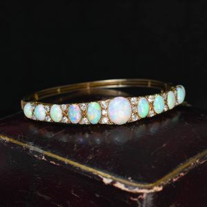 Golden Oval & Round Cut Opal & White Sapphire Bangle Bracelet