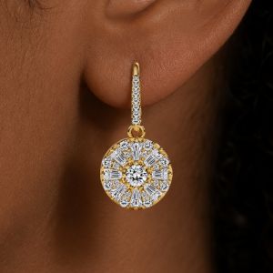 Golden Halo Round & Baguette Cut White Sapphire Drop Earrings