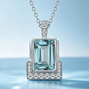 Unique Emerald & Round Cut Aquamarine & White Sapphire Pendant Necklace