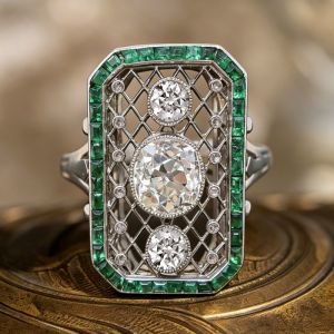 Halo Openwork Cushion & Round Cut White & Emerald Sapphire Engagement Ring