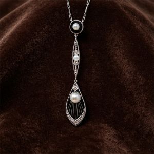 Two Tone Round Cut Pearl & White Sapphire Pendant Necklace