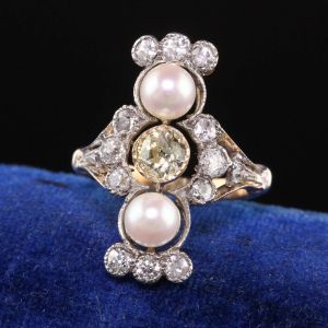 Two Tone Round Cut Yellow Sapphire & White Pearl Engagement Ring