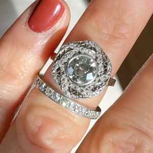 Open Work Bezel Round Cut White Sapphire Engagement Ring Sets