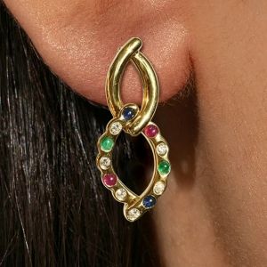 Golden Twist Round Cabochon Cut Multi Color Drop Earrings