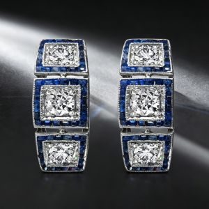 Halo Round & Baguette Cut White & Blue Sapphire Hoop Earrings
