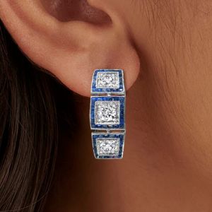 Halo Round & Baguette Cut White & Blue Sapphire Hoop Earrings