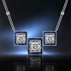 Halo Round & Baguette Cut White & Blue Sapphire Pendant Necklace