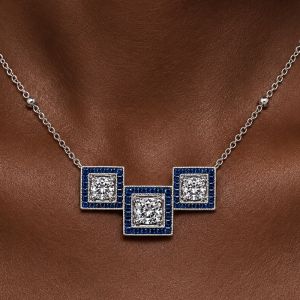 Halo Round & Baguette Cut White & Blue Sapphire Pendant Necklace