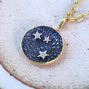 Pave Setting Round Cut White & Blue Sapphire Star Disc Pendant Necklace