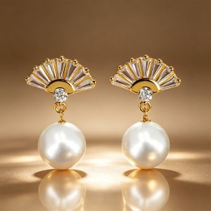 Golden Round & Baguette Cut Pearl & White Sapphire Fan Drop Earrings