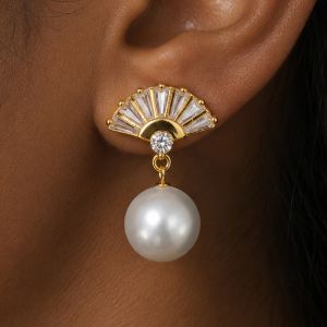 Golden Round & Baguette Cut Pearl & White Sapphire Fan Drop Earrings