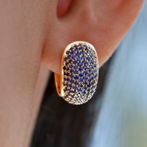 Pave Setting Round Cut Blue Sapphire Hoop Earrings