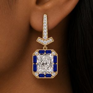 Halo Radiant & Baguette Cut White & Blue Sapphire Drop Earrings