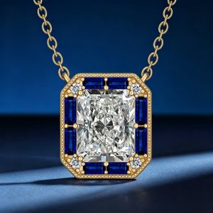 Halo Radiant & Baguette Cut White & Blue Sapphire Pendant Necklace