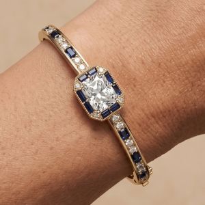 Halo Radiant & Baguette Cut White & Blue Sapphire Bangle Bracelet