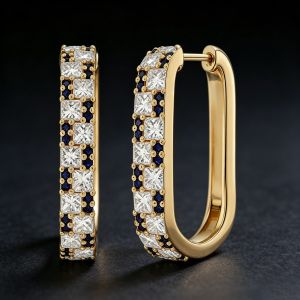 Golden Princess & Round Cut White & Blue Sapphire Hoop Earrings