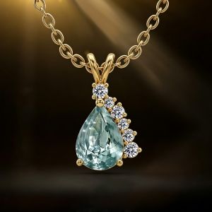 Golden Pear & Round Cut Aquamarine & White Sapphire Pendant Necklace