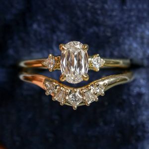 Golden Oval & Princess Cut White Sapphire Engagement Ring Sets