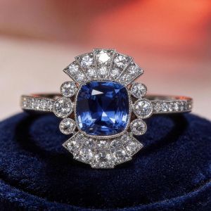Halo Cushion & Round Cut Blue & White Sapphire Engagement Ring