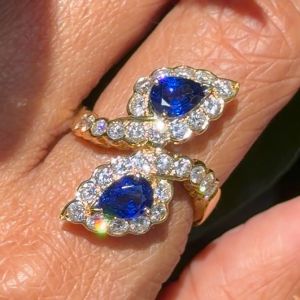 Golden Pear & Round Cut Blue & White Sapphire Engagement Ring