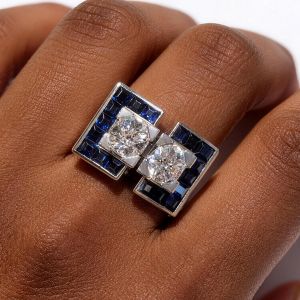 Frame Design Round & Asscher Cut White & Blue Sapphire Engagement Ring