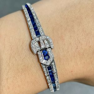 Buckle Baguette & Asscher & Round Cut Blue & White Sapphire Tennis Bracelet
