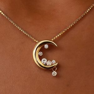 Golden Crescent Moon Round Cut White Sapphire Pendant Necklace