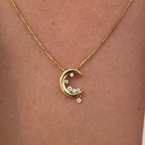 Golden Crescent Moon Round Cut White Sapphire Pendant Necklace