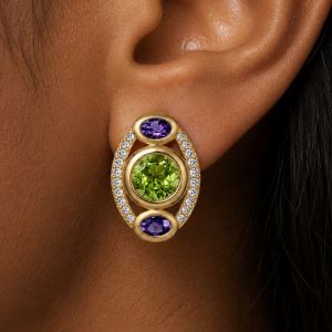 Golden Bezel Round & Oval Cut Peridot & Amethyst Sapphire Hoop Earrings