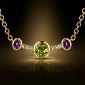 Golden Round & Oval Cut Peridot & Amethyst Sapphire Pendant Necklace