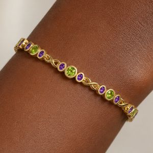Golden Bezel Round & Oval Cut Peridot & Amethyst Sapphire Tennis Bracelet