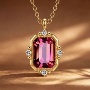 Golden Bezel Emerald & Round Cut Ruby & White Sapphire Pendant Necklace