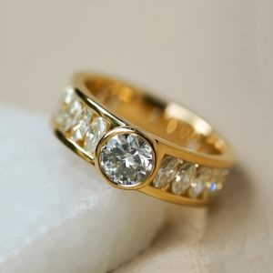Golden Bezel Round & Oval Cut White Sapphire Engagement Ring