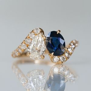 Bypass Pear & Oval Cut White & Blue Sapphire Engagement Ring
