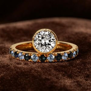 Golden Bezel Round Cut White & Blue & Aquamarine Sapphire Engagement Ring