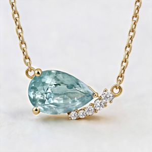 Golden Pear & Round Cut Aquamarine & White Sapphire Pendant Necklace