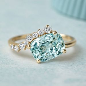 Golden Cushion & Round Cut Aquamarine & White Sapphire Engagement Ring